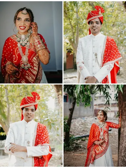 A four-part collage showcasing individual portraits of the bride and groom, as well as a shot of them together. It provides a complete look at their wedding day style.