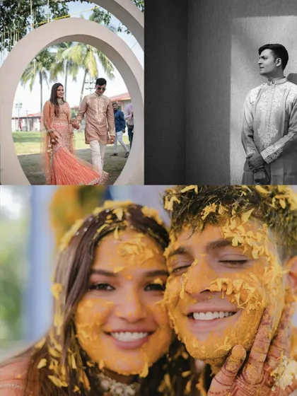 A collage showcasing the couple's fun-loving spirit during their Haldi. The close-up of their faces covered in turmeric is a perfect memory of their playful love.