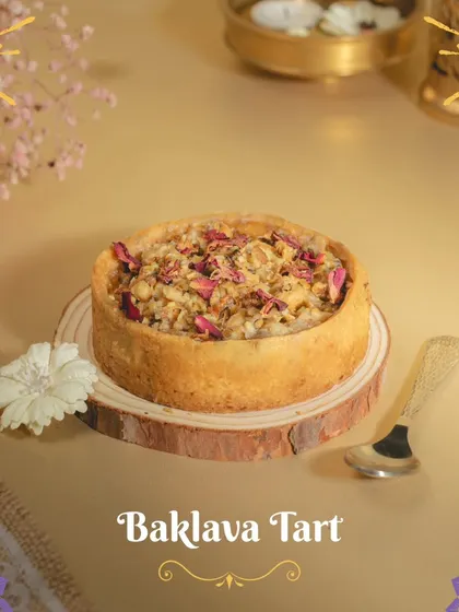 A beautiful shot of my Baklava Tart, topped with delicate rose petals. It's a centerpiece-worthy dessert for any Diwali celebration.