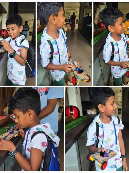 This collage captures the journey of a young builder with his first robot car. It shows the focus during assembly and the pride of holding the finished, working model.