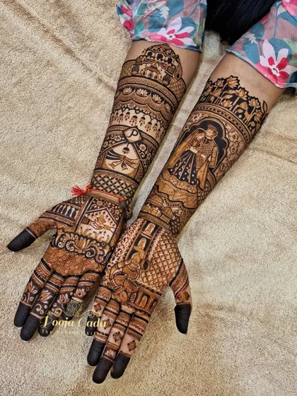 This design for an NRI bride from the US features a beautiful couple portrait, along with a skyline and personalized initials.