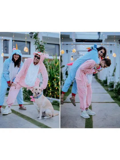 A duplicate of the fun diptych with the dog and piggyback ride, showcasing the couple's playful relationship.