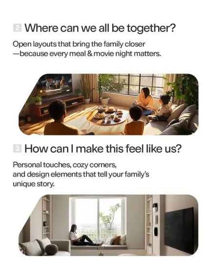 A tribute to how mothers inspire thoughtful home design. This graphic shows how we consider family needs, like creating open layouts for togetherness and cozy corners for personal relaxation.