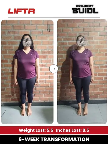 Manjusha, who was new to the gym, lost an impressive 5.5 kg and 8.5 inches in her first 6 weeks. This image shows her incredible front-facing transformation.