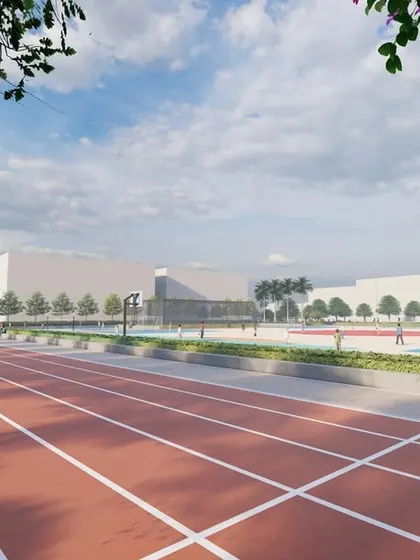 Our design for New Baldwin International School includes a running track and spectator seating, providing students with professional-grade facilities for athletics and events.