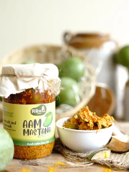 This is my special Aam Mastana, a raw mango pickle made from a family recipe passed down through generations. I use fresh kairi and my own ground spices to get that perfect traditional Indian pickle taste, just like dadi used to make.