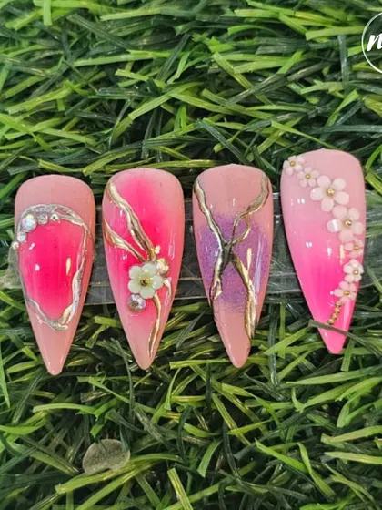 More beautiful student work. This set features a vibrant pink base with gold foil, 3D flowers, and delicate floral painting.