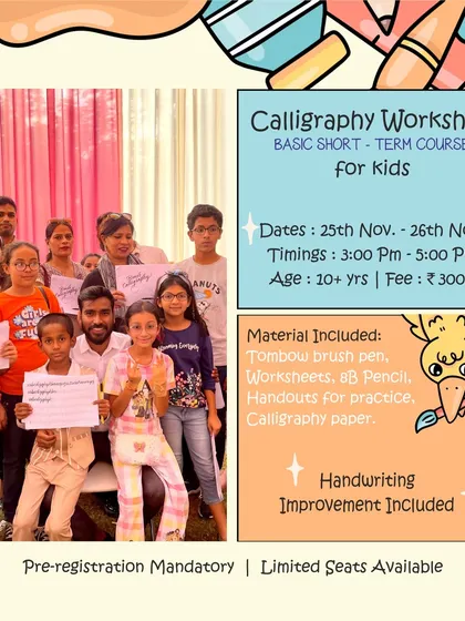 This poster for my kids' calligraphy workshop highlights one of the many specialized courses I offer. These sessions are designed to be beginner friendly and include all the necessary materials, focusing on both artistic skill and handwriting improvement.