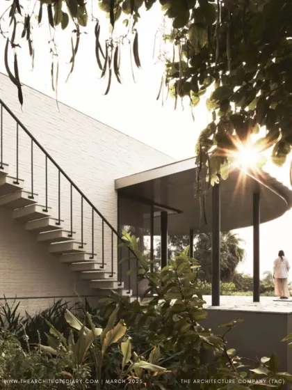The sun setting over Pavilion House, a beautiful shot from our feature in The Architect's Diary.