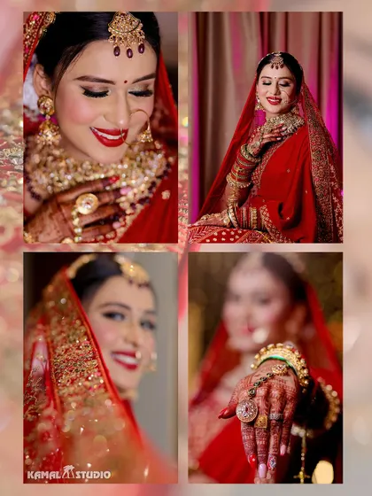 A collage of the bride's portraits, showcasing her radiant smile, red lipstick, and beautiful wedding jewelry.