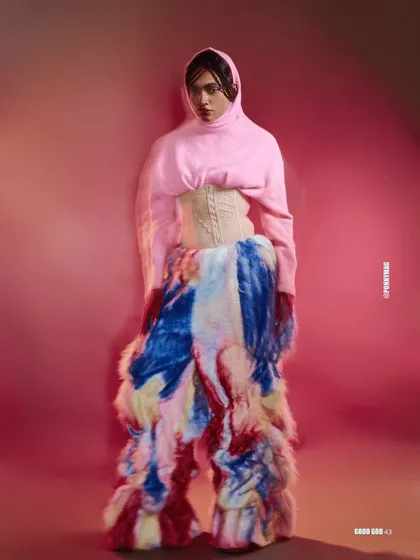 A full-length look from the Ponny Mag editorial, highlighting the unique, colorful and textured outfit.