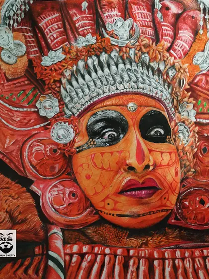 A tribute to my cultural roots, this vibrant color pencil drawing depicts a Theyyam artist in full costume. I focused on capturing the intense expression and the intricate details of the traditional attire, a key element of Tulunad heritage.