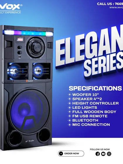 Another look at the stylish Elegant Series. This model includes a 10-inch woofer, height controller, and mic connection, all housed in a beautiful full wooden body.
