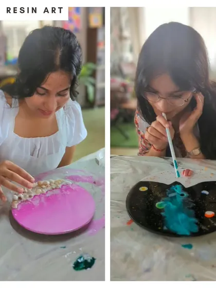 A collage showing participants engrossed in creating resin art, a testament to the focused and fun nature of our workshops.