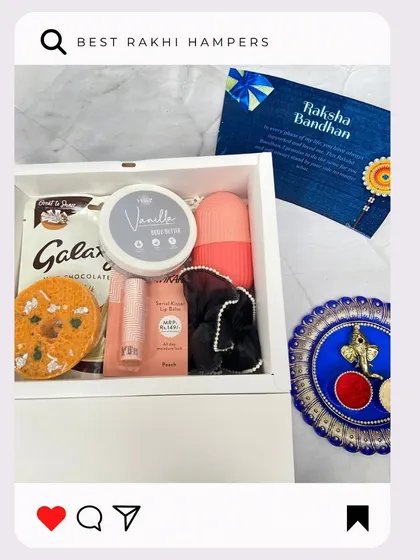 A white box hamper curated for a sister, containing body butter, lip balm, chocolates, and other self-care essentials for a pampering Rakhi gift.