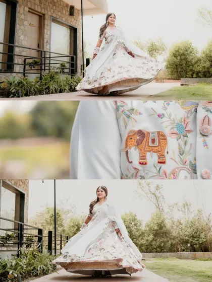 A three-panel image highlighting the bride's twirling lehenga and a close-up of the groom's embroidered jacket. This focuses on the beautiful fashion and details of their haldi outfits.