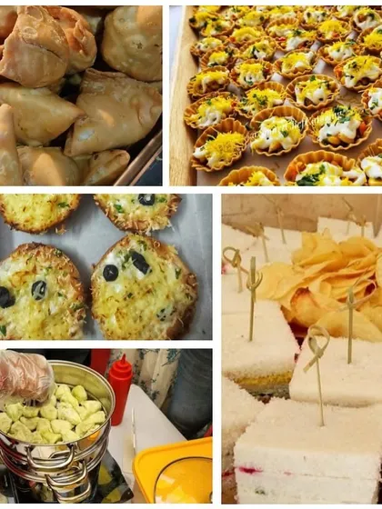 Another example of our versatile hi-tea offerings. This collage shows mini samosas, chaat tarts, mini pizzas, sandwiches, and steamed momos, showcasing the variety we provide.