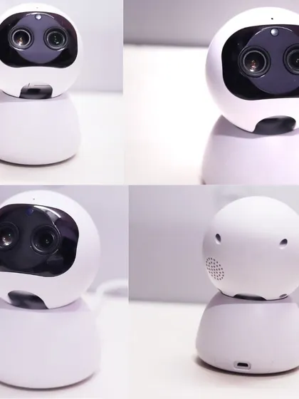 A collage showing the AI HD IP Camera from multiple angles. You can see the dual lenses, the speaker for two-way talk, and the power port on the back.