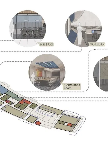 This annotated floor plan breaks down the placement of workstations, cabins, and meeting rooms. We use this level of detail to ensure every part of the office serves its purpose effectively.