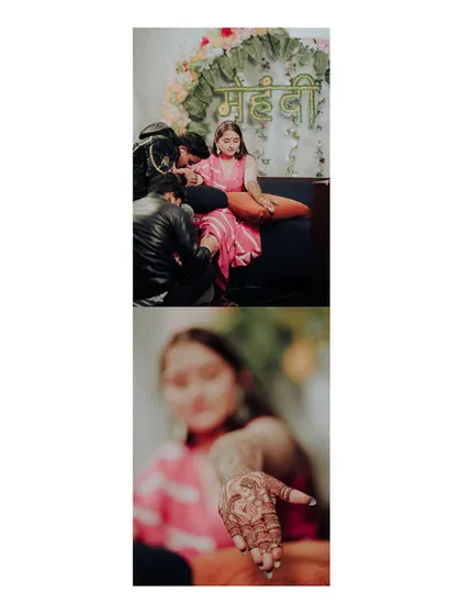 A vertical diptych showing the Mehandi artist at work and the bride presenting her finished henna. It documents the process and the beautiful result.