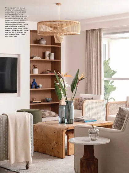 A page from our feature in Livingetc India, showcasing the living room. The design is inspired by the hues of the ocean, creating a home that feels as refreshing as a sea breeze.