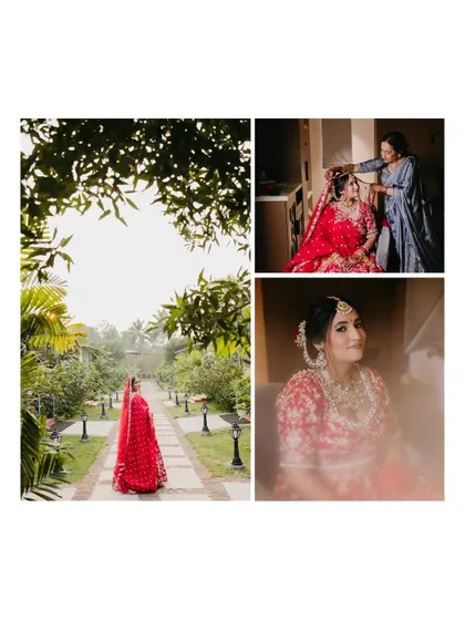 A collage showing the bride's journey, from getting ready with her mother to a solo shot of her walking down a garden path in her red lehenga.