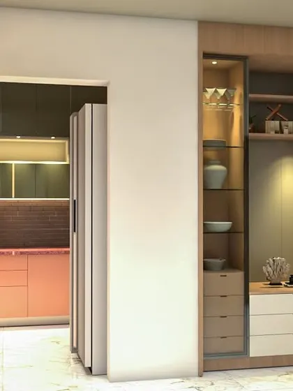 A view of a custom bar and storage unit, featuring a built-in wine glass rack and display shelves. This piece seamlessly connects the dining area to the kitchen.