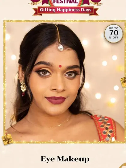 This image was featured on Amazon for their festive "Gifting Happiness Days." The eye makeup is the star, creating a look that's both beautiful and aspirational.