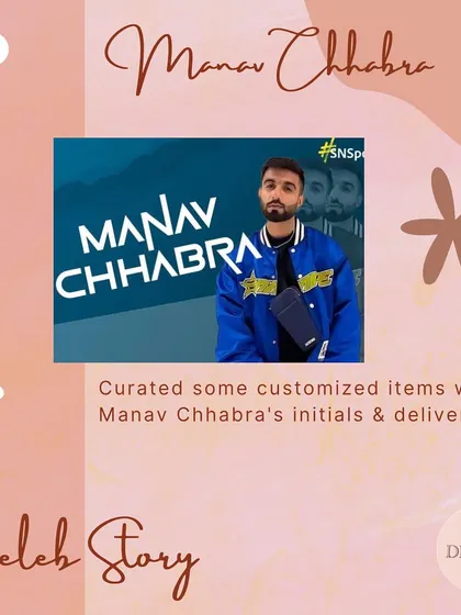 A "Celeb Story" graphic about curating customized items for influencer Manav Chhabra.