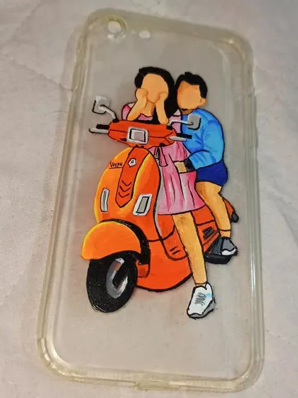 A hand-painted phone case featuring a couple on a scooter, a perfect personalized gift.