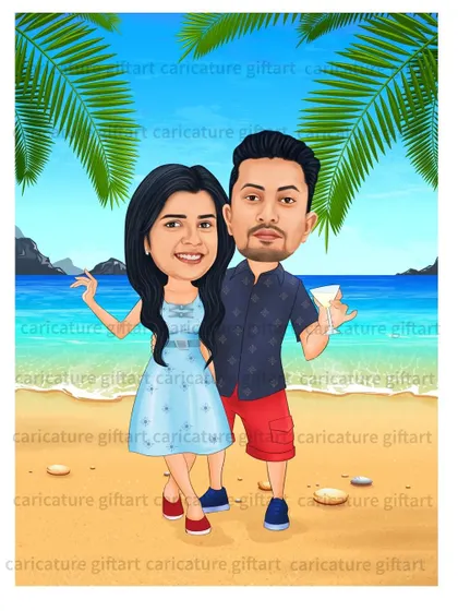 A fun day at the beach! This couple caricature captures a relaxed and happy holiday vibe, perfect for a casual and fun-loving couple.