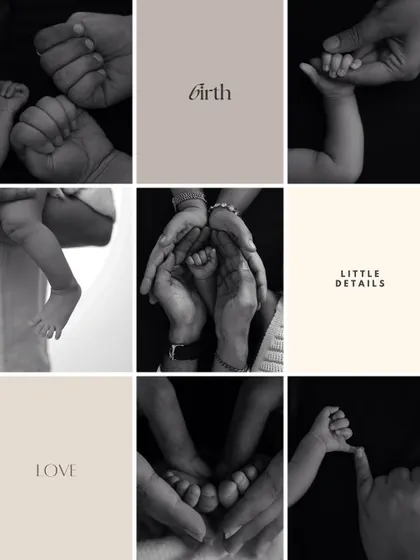 A collage of black and white detail shots, celebrating the little details of birth, from tiny fists to family hands.