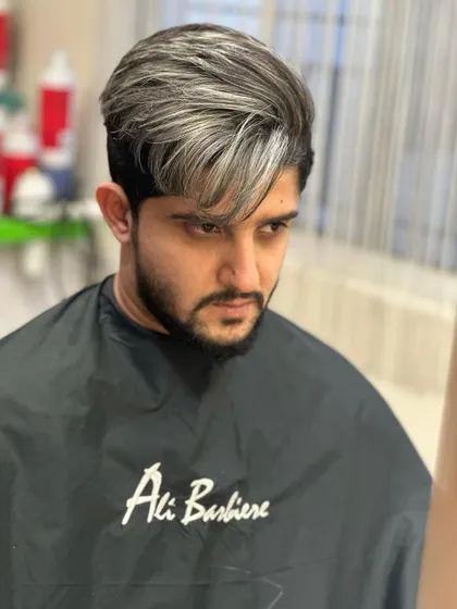 Another angle of the men's silver hair, showing the clean lines and perfect blending from every side.