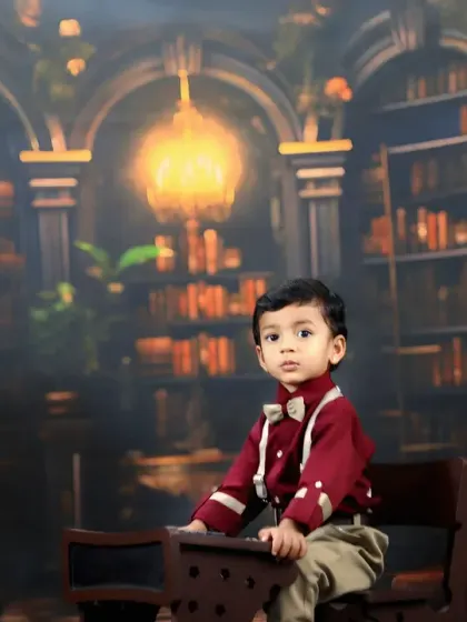 A little wizard in the making. This toddler sits in a library setting, perfect for a magical, bookish theme like Harry Potter.