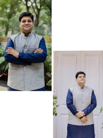 Portraits of the groom on his wedding day. He looks sharp and happy in a traditional blue kurta and grey vest, captured in both a classic portrait and a more candid, upward-looking shot.