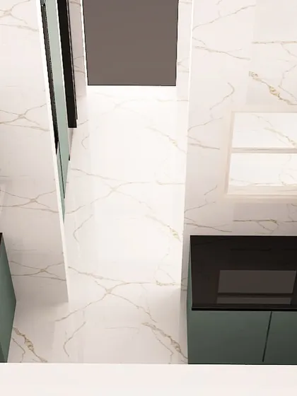 A top-down view from the 3D design, showing the efficient 'golden triangle' layout of the hob, sink, and fridge in this parallel kitchen.