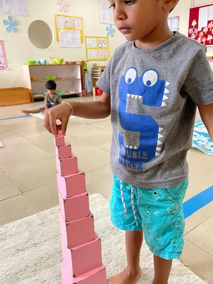 A child works with the Pink Tower, a classic sensorial material. This activity helps them visually discriminate between sizes and builds their understanding of dimensions, which is an indirect preparation for mathematics.