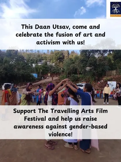 These images are part of a fundraising campaign for the Travelling Arts Film Festival during Daan Utsav. They show the power of art in activism, from community circles to murals, and call for support to empower marginalized youth through creative expression.
