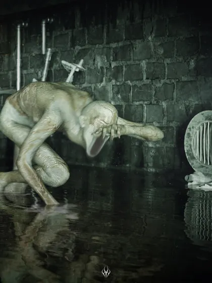 A different angle of the creature in the tunnels, highlighting its elongated mouth and pained posture. This shot focuses on the character's body language to convey a story of suffering and desperation.