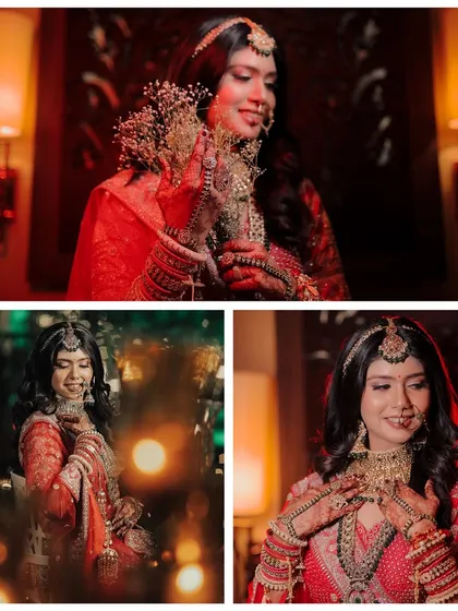A series of close-up bridal portraits focusing on her serene expressions and the delicate details of her look, like the baby's breath flowers she is holding.