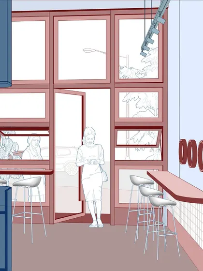 This exterior-facing illustration for 'Flip N Fold' explores how the interior connects with the street. We use these visual studies to understand how the space will be experienced from both inside and out, focusing on elements like window seating and entryways.