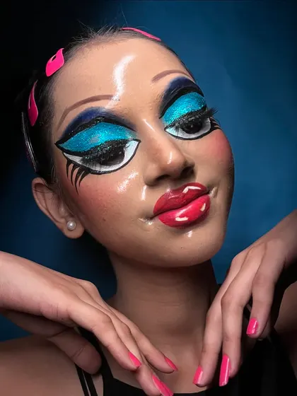 A playful and expressive shot that brings the pop art character to life.
