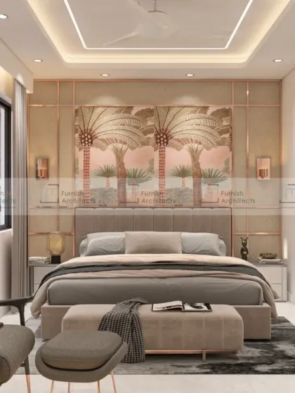 A luxurious master bedroom with a warm, rosy-gold theme. The wall behind the bed is paneled and framed with metallic accents, and the artwork continues the tropical, elegant vibe.