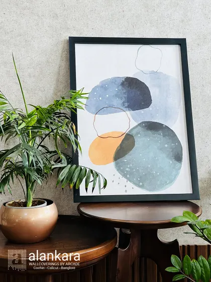 This abstract watercolor print, with its soothing blue and orange tones, is another example of the custom-framed art I provide to add a refined and personal touch to any room.