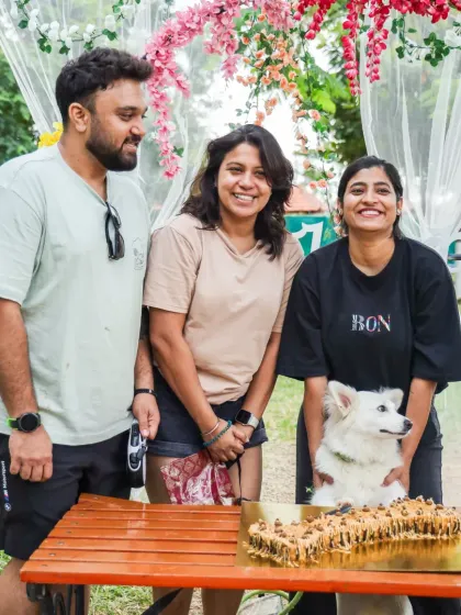 Friends and their dogs gather around the birthday cake table. Our community events are a great way to meet other dog lovers in Bengaluru.