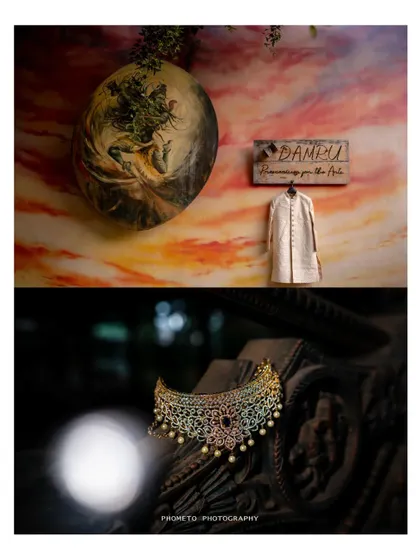 A collage of artistic detail shots, featuring the groom's attire and the bride's statement necklace, setting the mood for the celebration.