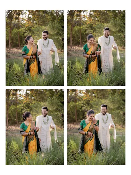 A four-photo grid capturing the fun and laughter between the couple during their post-wedding outdoor shoot.