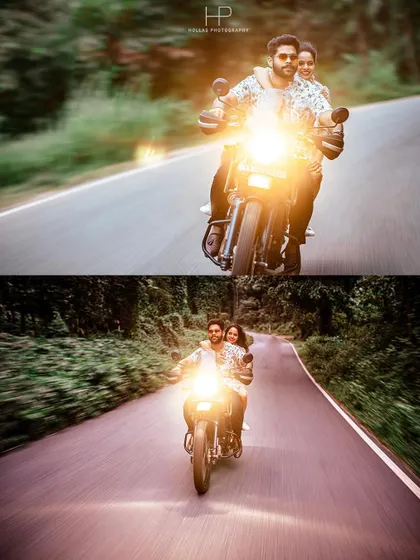 A dynamic shot of a couple enjoying a ride on a motorcycle down a tree-lined road. The motion blur and bright headlight create a sense of adventure and freedom.