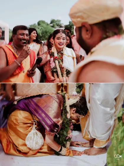 A diptych showing the bride's happy reaction and a moment of blessing during the ceremony.
