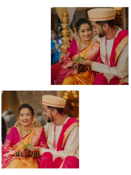 Two candid moments from a wedding ceremony, showing the couple's happy interactions.